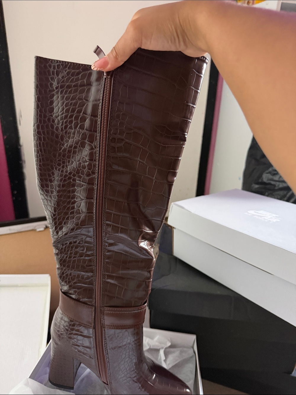 Women’s Dark Brown Croc-Embossed Knee-High Block Heel Boot